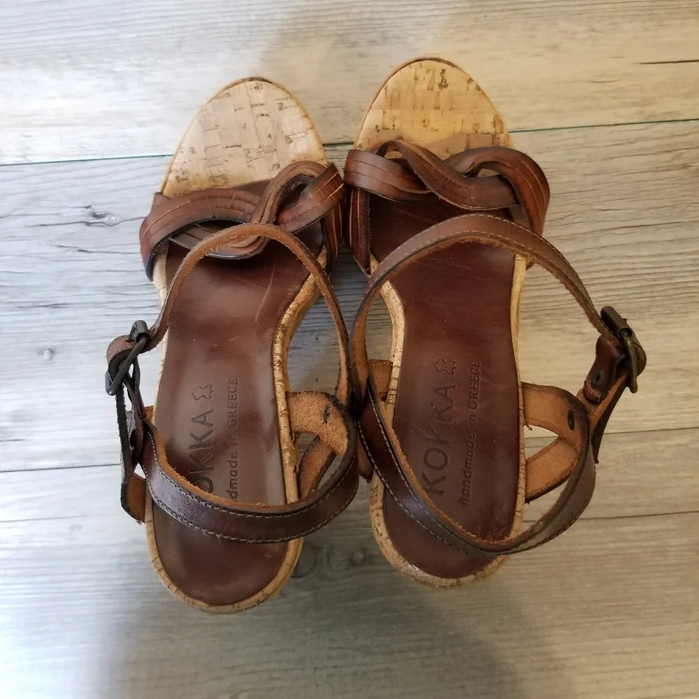 Kokka Leather Handmade Faux Wood/Cork Platform Heel Sandals
